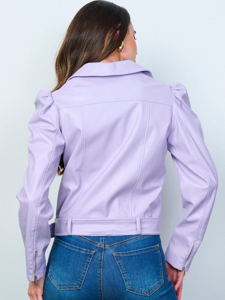 WOMEN'S LONG SLEEVE ZIP UP FRONT POCKETS PU PLEATHER BELTED JACKET