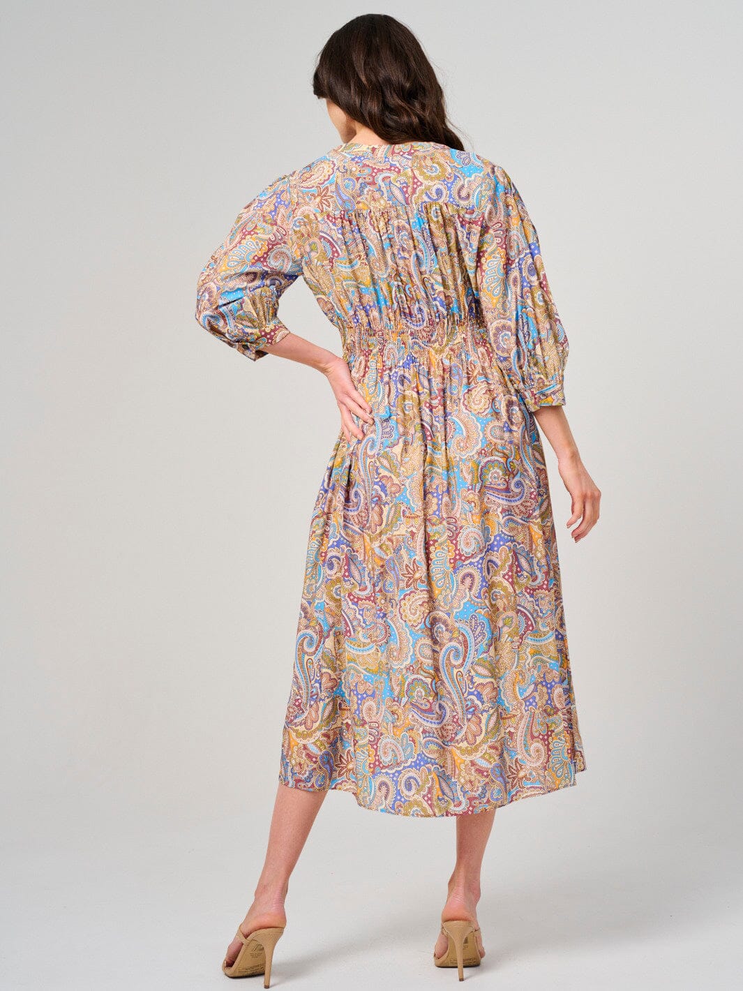 WOMEN'S 3/4 SLEEVE BUTTON CLOSURE PAISLEY PRINT MIDI DRESS