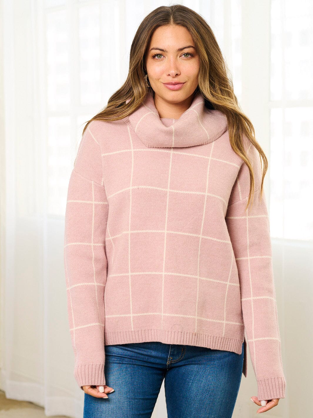 WOMEN'S LONG SLEEVE TURTLE NECK CHECKERS PRINT PULLOVER SWEATER