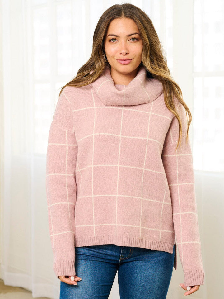 WOMEN'S LONG SLEEVE TURTLE NECK CHECKERS PRINT PULLOVER SWEATER