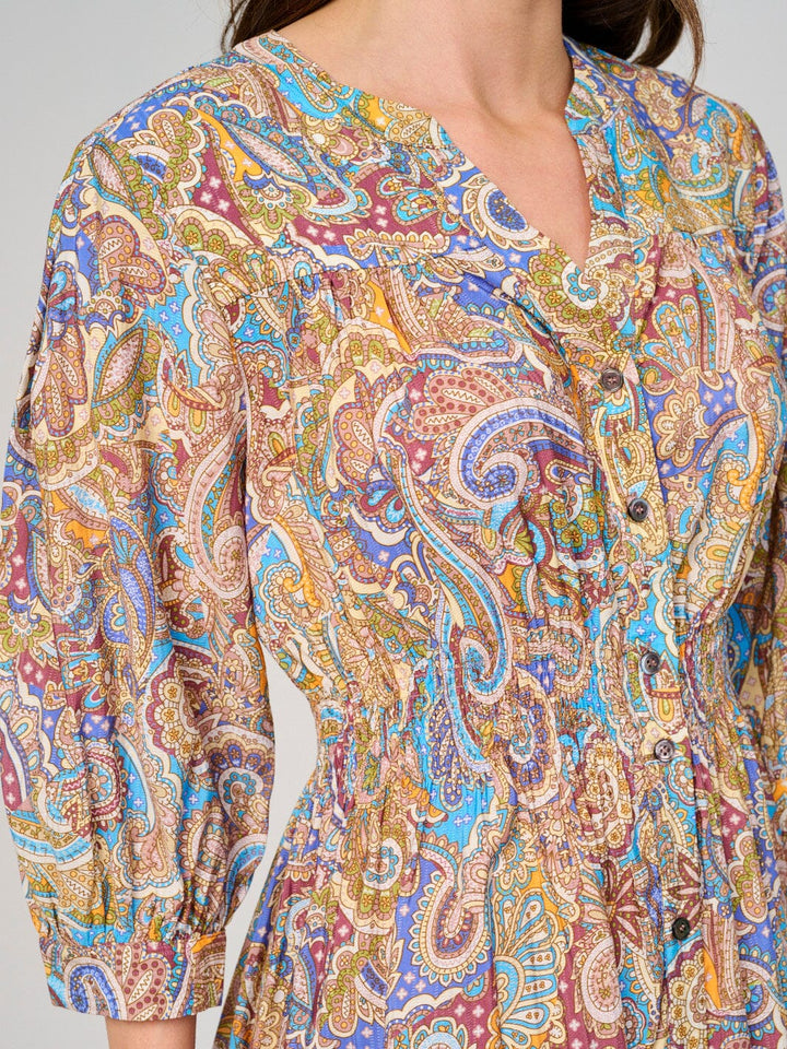 WOMEN'S 3/4 SLEEVE BUTTON CLOSURE PAISLEY PRINT MIDI DRESS
