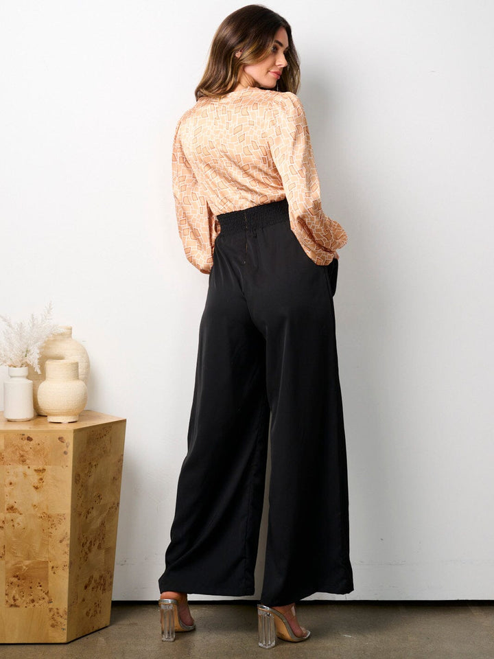 WOMEN'S LONG SLEEVE V-NECK POCKETS MULTI PRINT JUMPSUIT