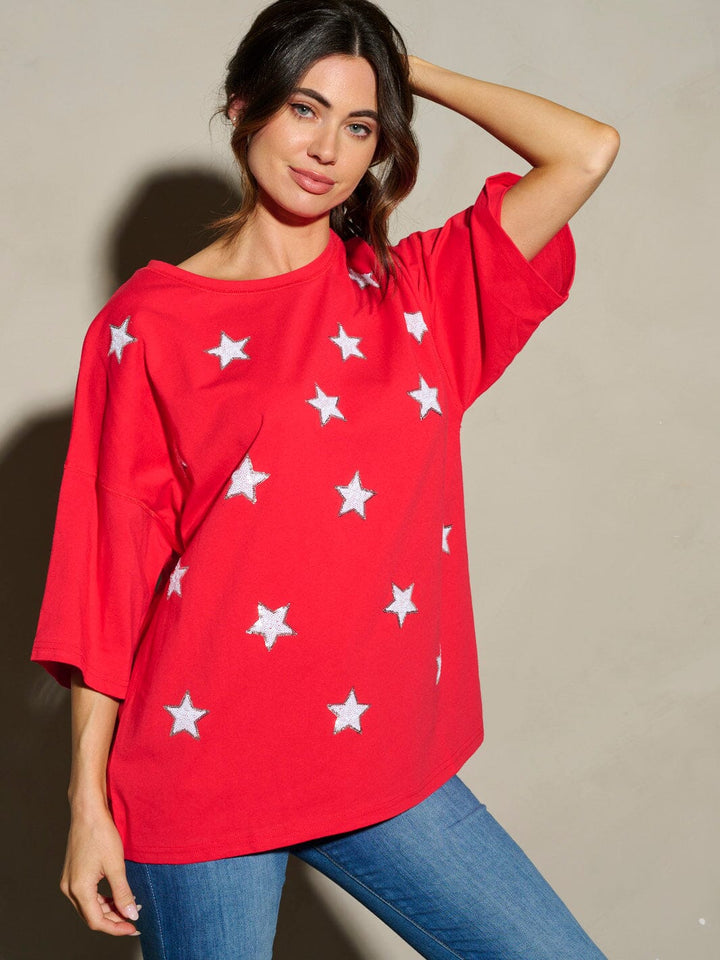 WOMEN'S SHORT SLEEVE SEQUINS STARS PATRIOTIC TUNIC BLOUSE TOP