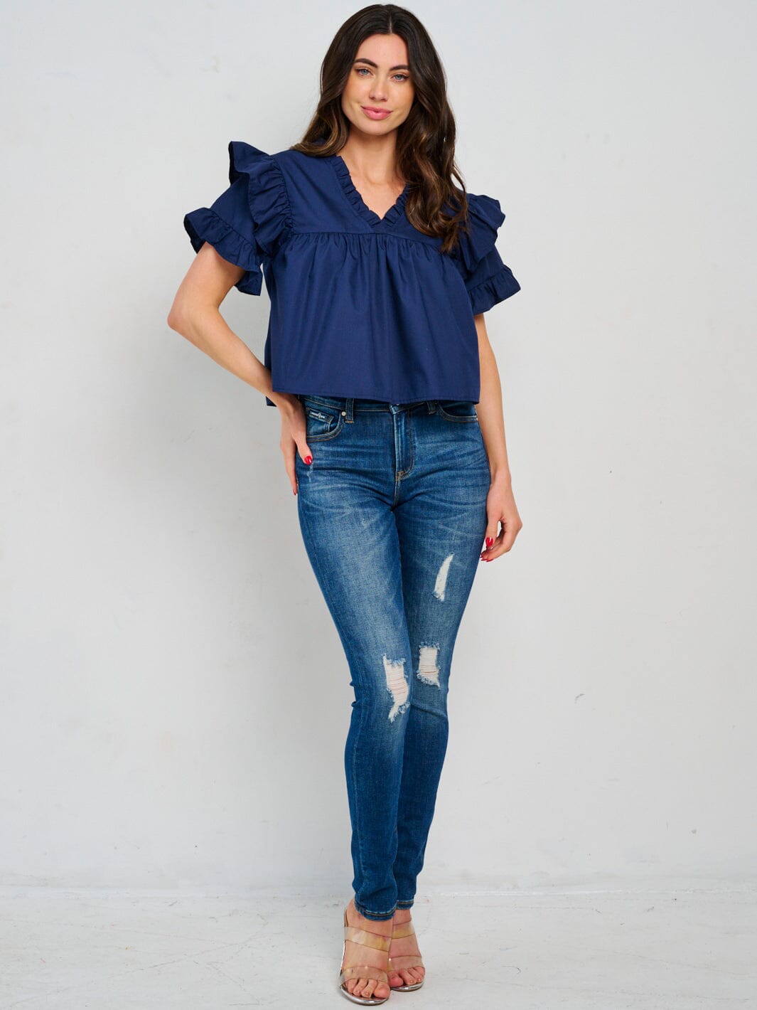 WOMEN'S SHORT RUFFLE SLEEVE V-NECK BLOUSE