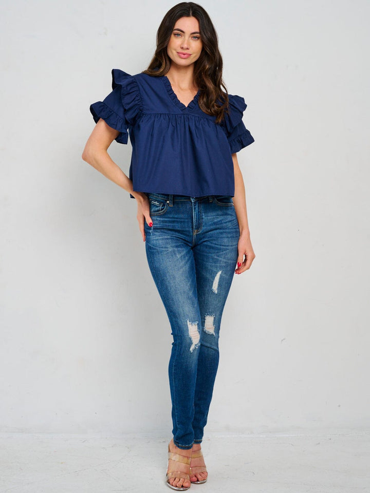 WOMEN'S SHORT RUFFLE SLEEVE V-NECK BLOUSE