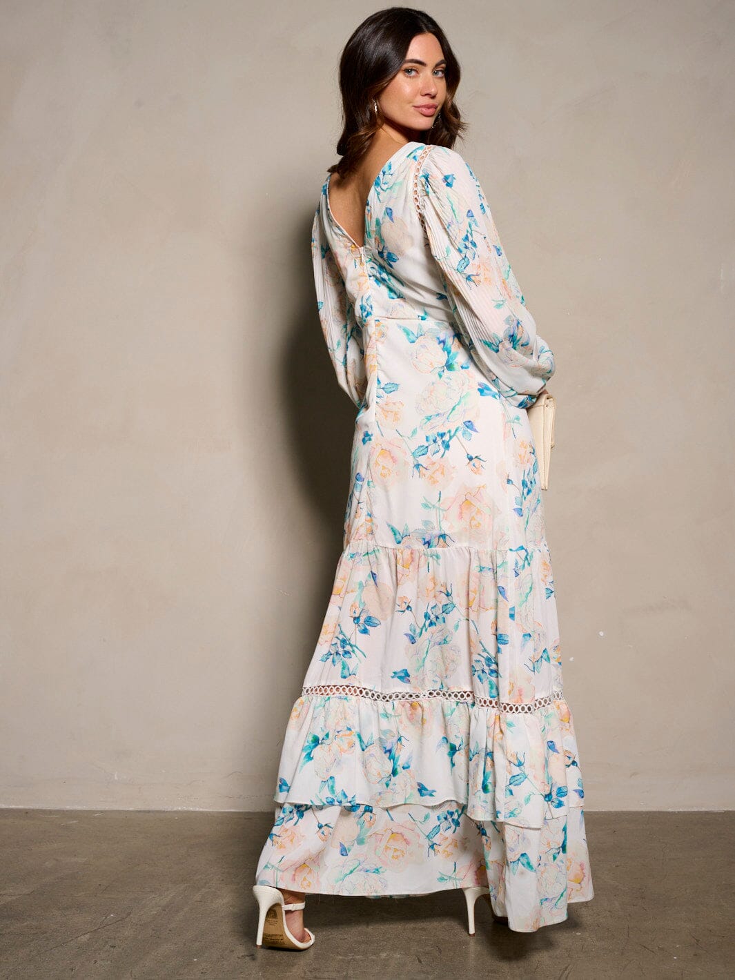 WOMEN'S LONG SLEEVE V-NECK SLIT FLORAL MAXI DRESS