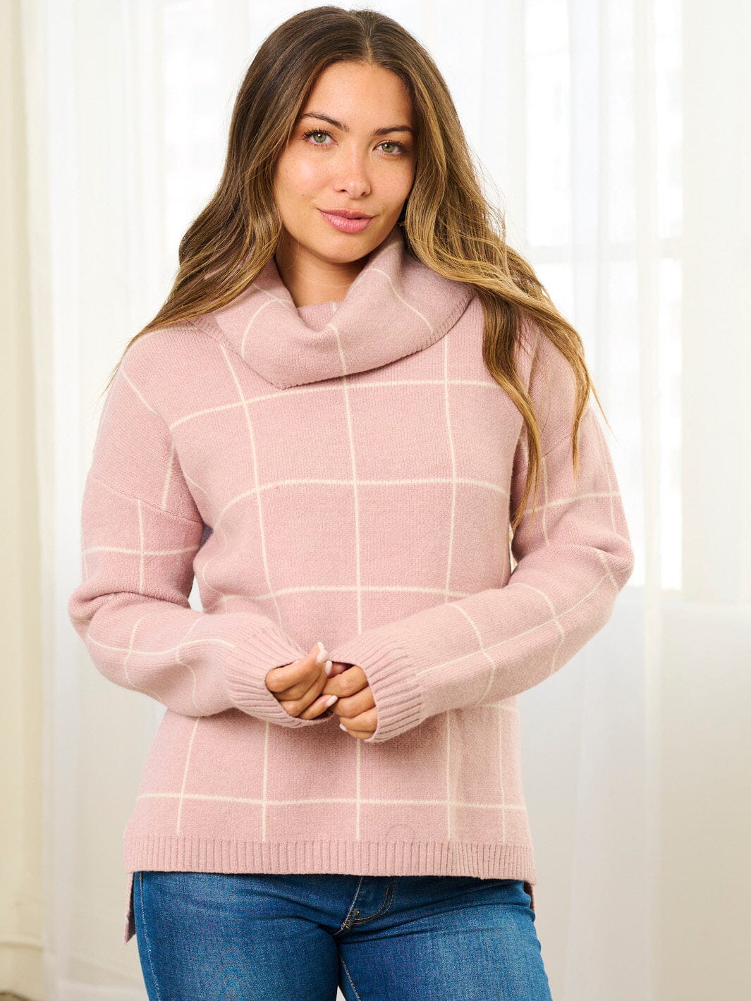 WOMEN'S LONG SLEEVE TURTLE NECK CHECKERS PRINT PULLOVER SWEATER