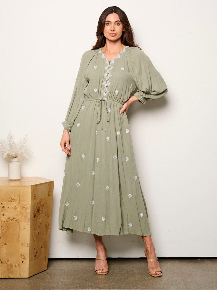WOMEN'S LONG SLEEVE V-NECK BUTTON UP EMBROIDERY MAXI DRESS