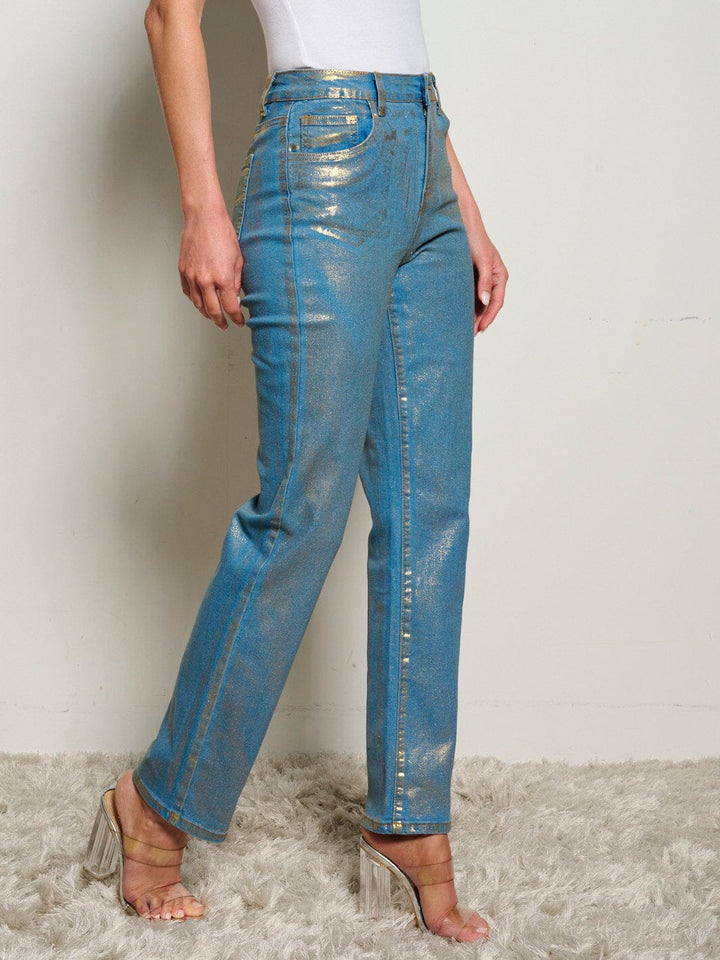WOMEN'S BUTTON CLOSURE POCKETS SHIMMER WIDE LEG DENIM PANTS