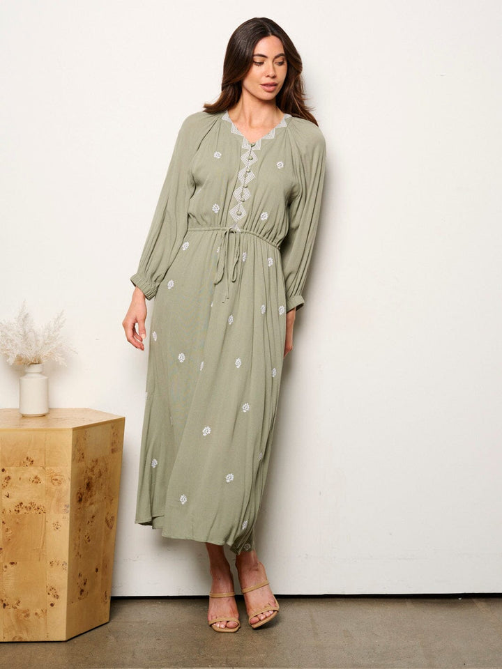 WOMEN'S LONG SLEEVE V-NECK BUTTON UP EMBROIDERY MAXI DRESS