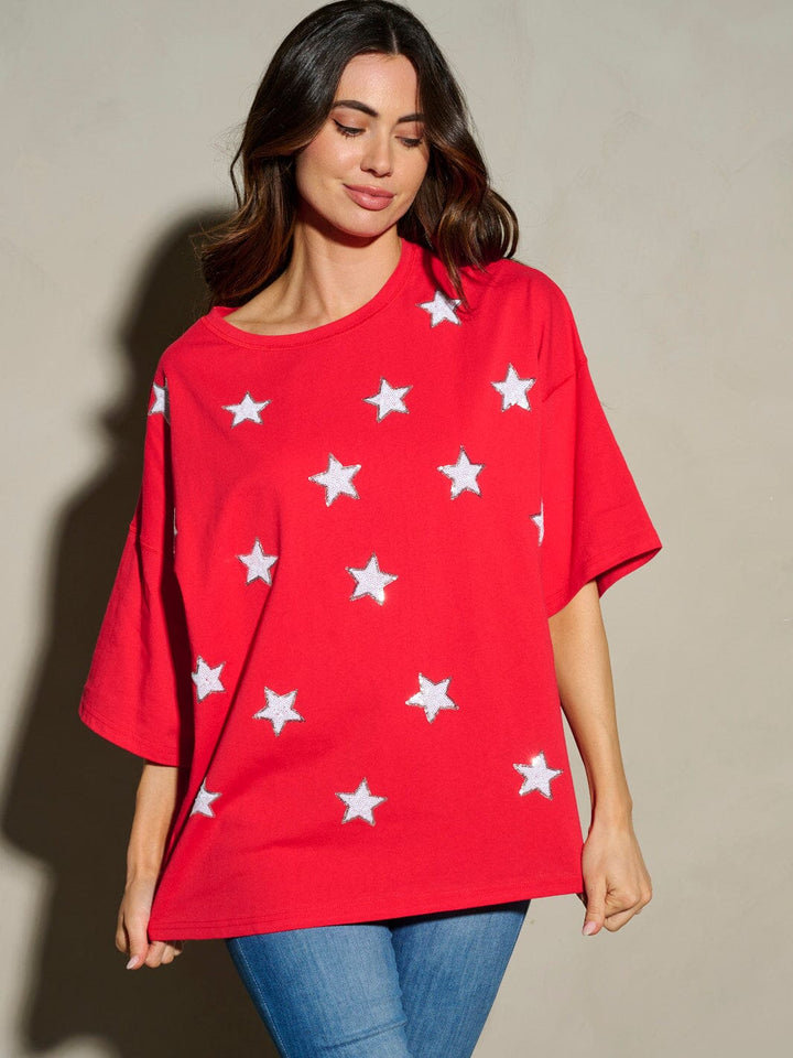WOMEN'S SHORT SLEEVE SEQUINS STARS PATRIOTIC TUNIC BLOUSE TOP