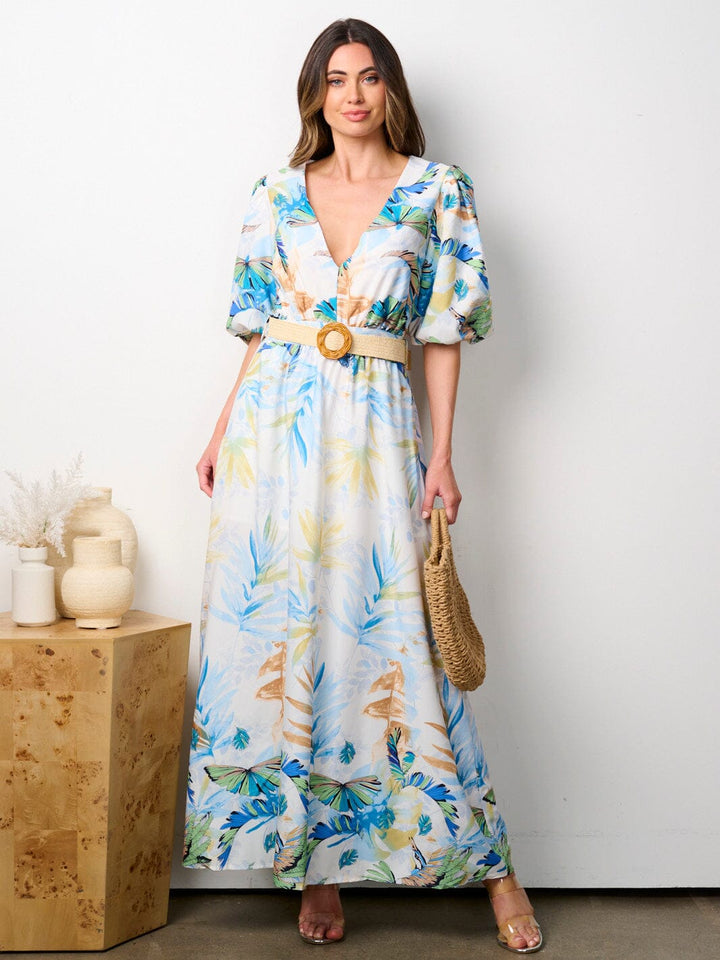 WOMEN'S SHORT PUFF SLEEVE BACK CUT OUT BELTED LEAF PRINT MAXI DRESS