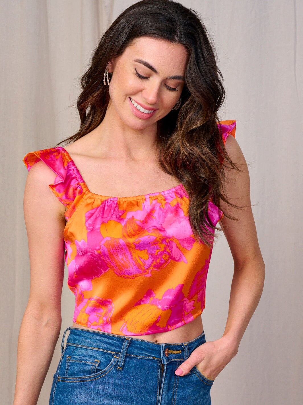 WOMEN'S SLEEVELESS RUFFLE COLORBLOCK FLORAL TANK TOP