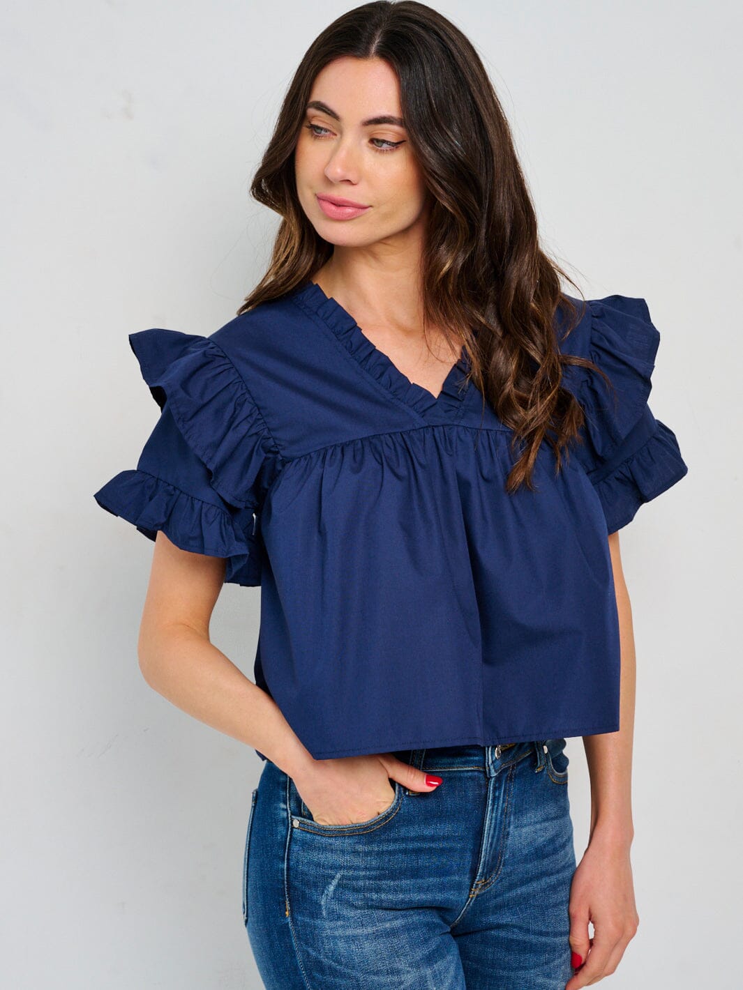 WOMEN'S SHORT RUFFLE SLEEVE V-NECK BLOUSE