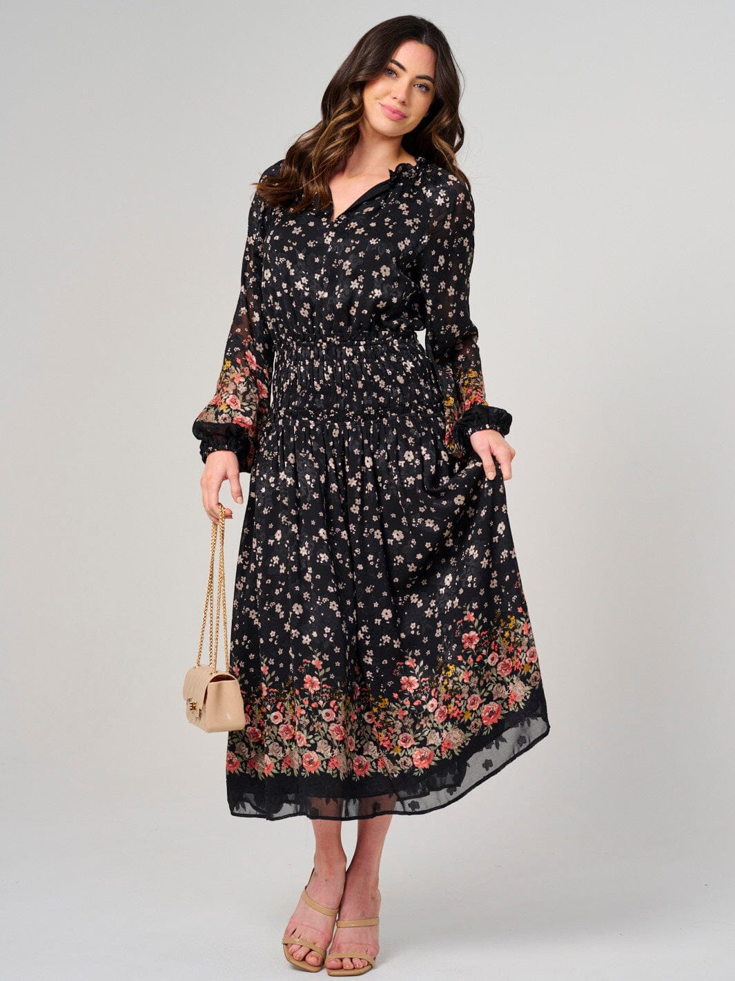 WOMEN'S LONG SLEEVE V-NECK ELASTIC WAIST FLORAL MAXI DRESS