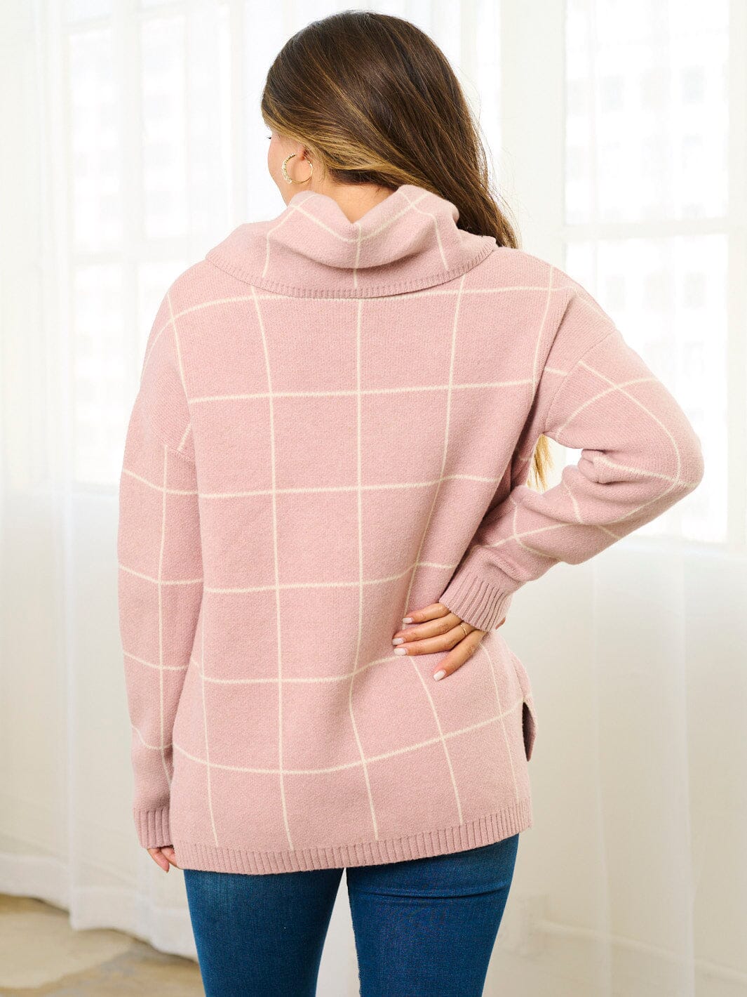 WOMEN'S LONG SLEEVE TURTLE NECK CHECKERS PRINT PULLOVER SWEATER