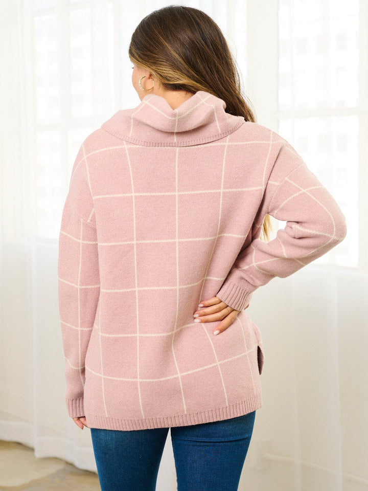 WOMEN'S LONG SLEEVE TURTLE NECK CHECKERS PRINT PULLOVER SWEATER