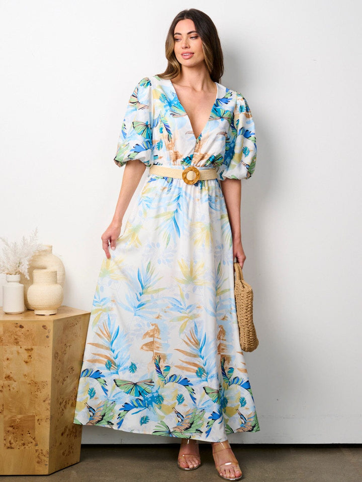 WOMEN'S SHORT PUFF SLEEVE BACK CUT OUT BELTED LEAF PRINT MAXI DRESS