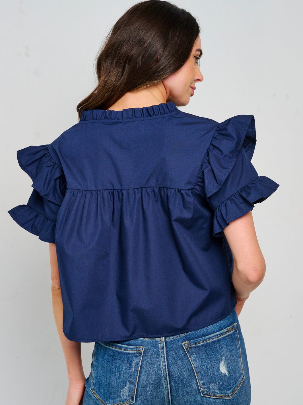 WOMEN'S SHORT RUFFLE SLEEVE V-NECK BLOUSE