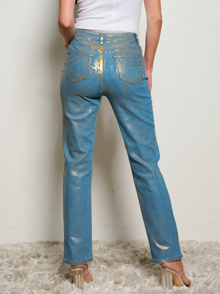 WOMEN'S BUTTON CLOSURE POCKETS SHIMMER WIDE LEG DENIM PANTS