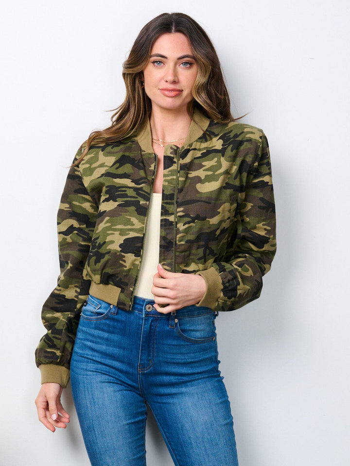 WOMEN'S LONG SLEEVE ZIP UP CAMO PRINT BOMBER JACKET