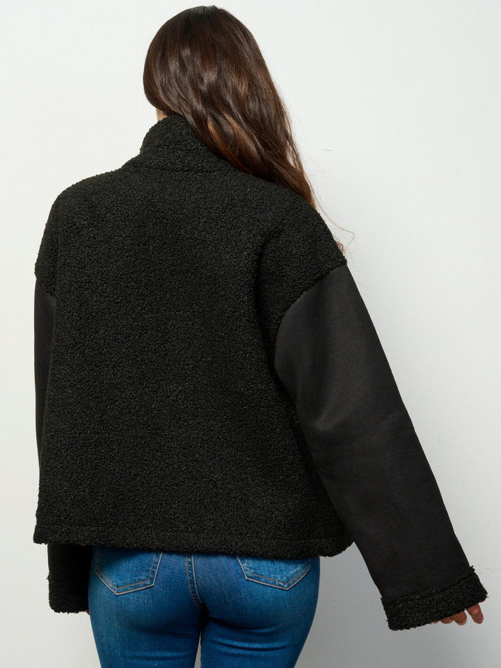 WOMEN'S LONG SLEEVE ZIPPER CLOSURE BELT DETAILED POCKETS SHERPA JACKET