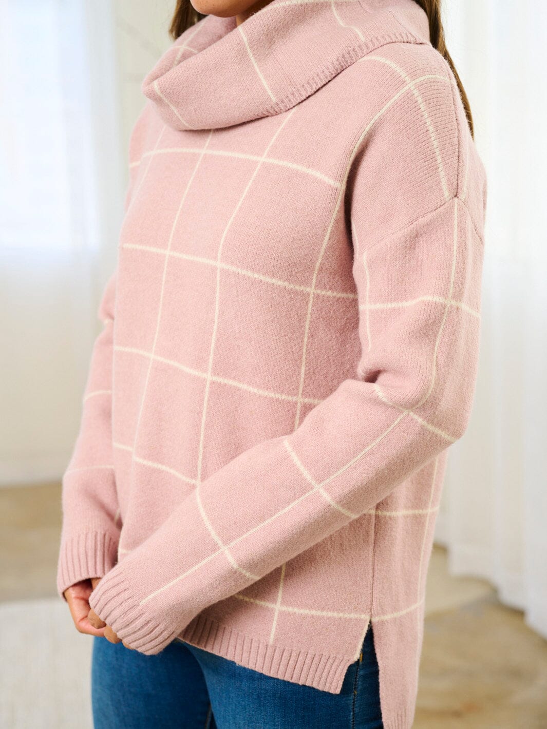 WOMEN'S LONG SLEEVE TURTLE NECK CHECKERS PRINT PULLOVER SWEATER