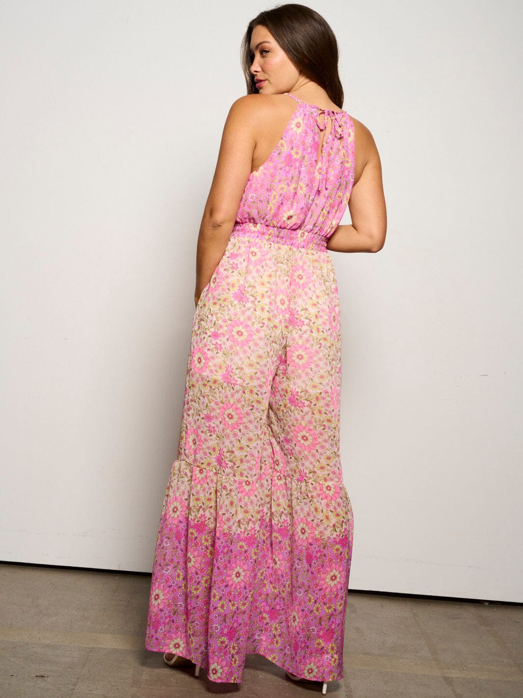 WOMEN'S SLEEVELESS V-NECK FRONT POCKETS FLORAL WIDE LEG JUMPSUIT