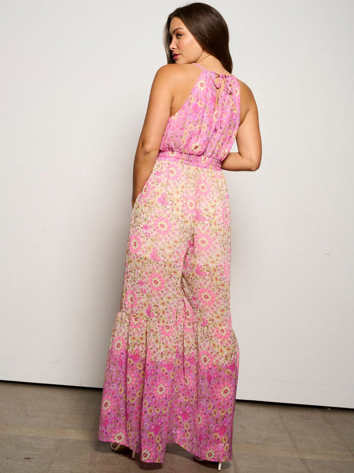 WOMEN'S SLEEVELESS V-NECK FRONT POCKETS FLORAL WIDE LEG JUMPSUIT