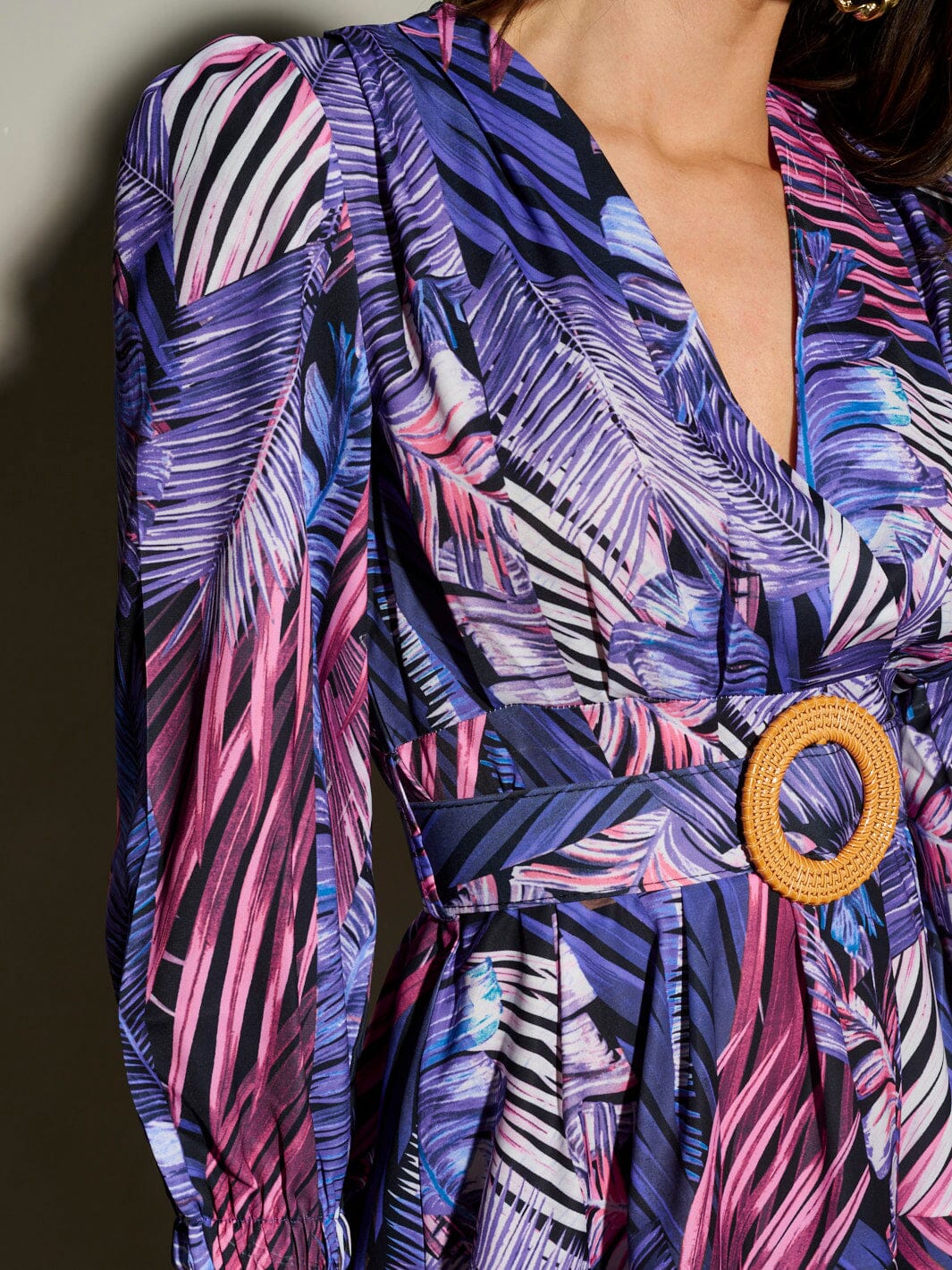 WOMEN'S LONG SLEEVE SURPLICE RUFFLE MULTI PRINT MINI DRESS