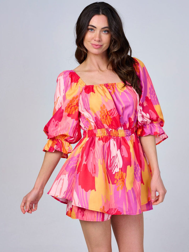 WOMEN'S SHORT PUFF SLEEVE FRONT POCKETS MULTI PRINT ROMPER