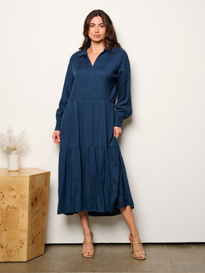 WOMEN'S LONG SLEEVE V-NECK TIERED TUNIC MAXI DRESS