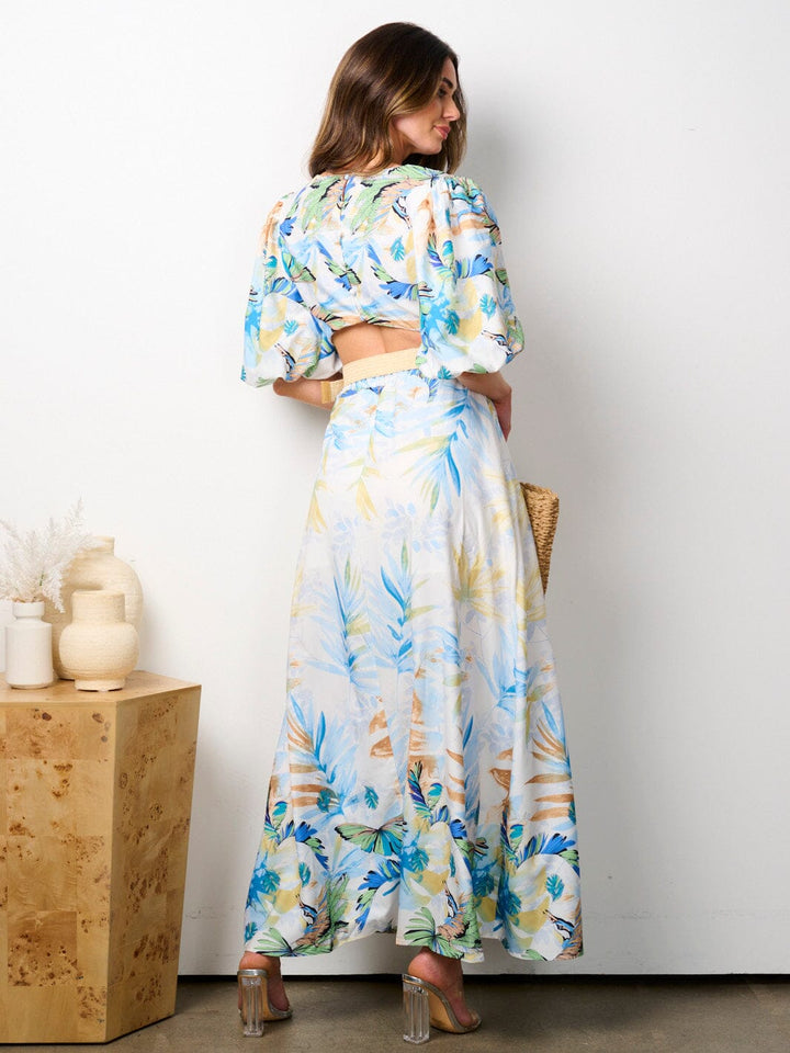 WOMEN'S SHORT PUFF SLEEVE BACK CUT OUT BELTED LEAF PRINT MAXI DRESS