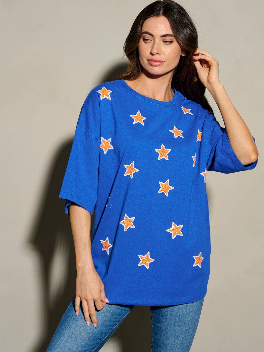WOMEN'S SHORT SLEEVE SEQUINS STARS PATRIOTIC TUNIC BLOUSE TOP