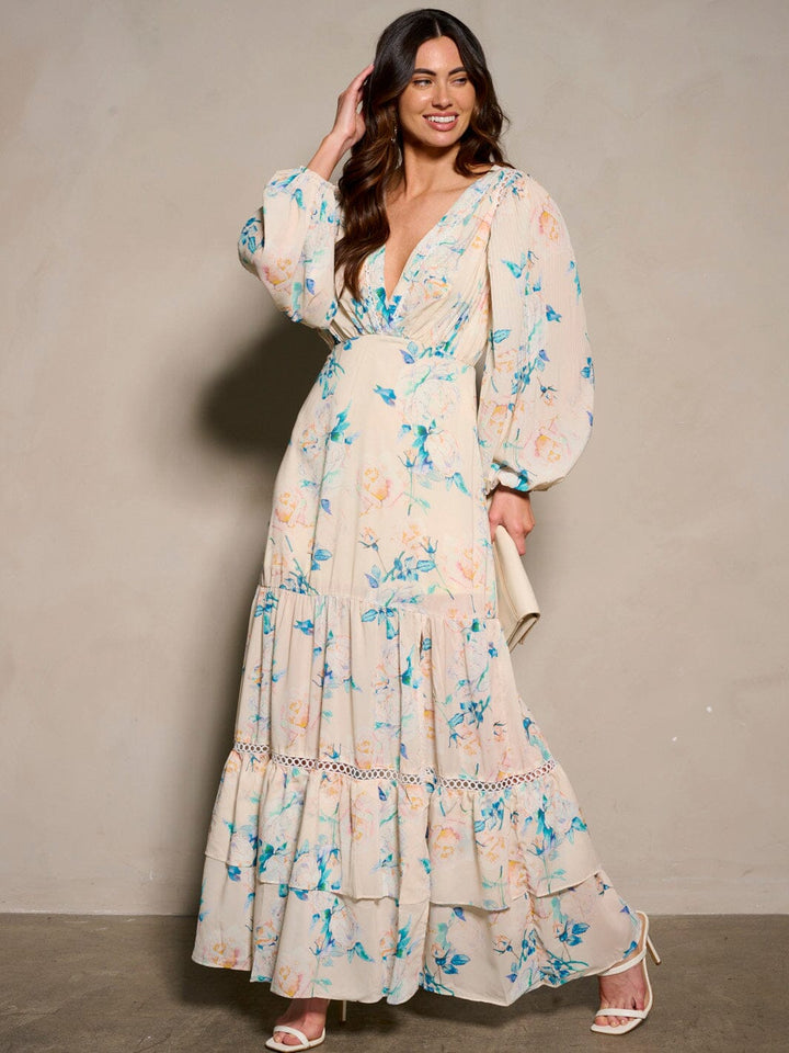 WOMEN'S LONG SLEEVE V-NECK SLIT FLORAL MAXI DRESS
