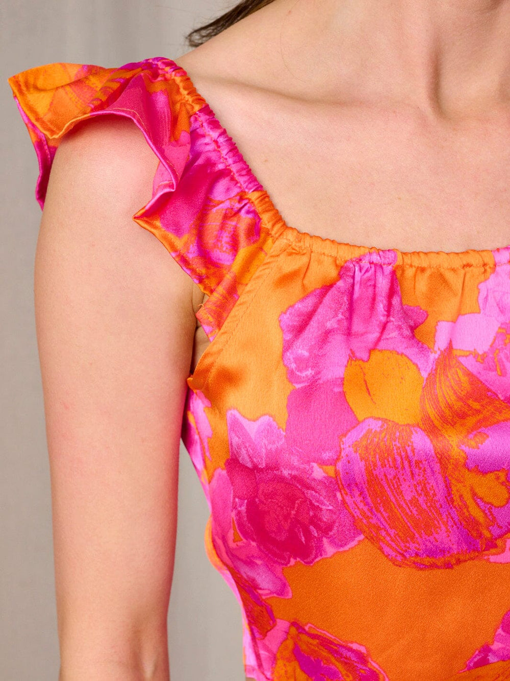 WOMEN'S SLEEVELESS RUFFLE COLORBLOCK FLORAL TANK TOP