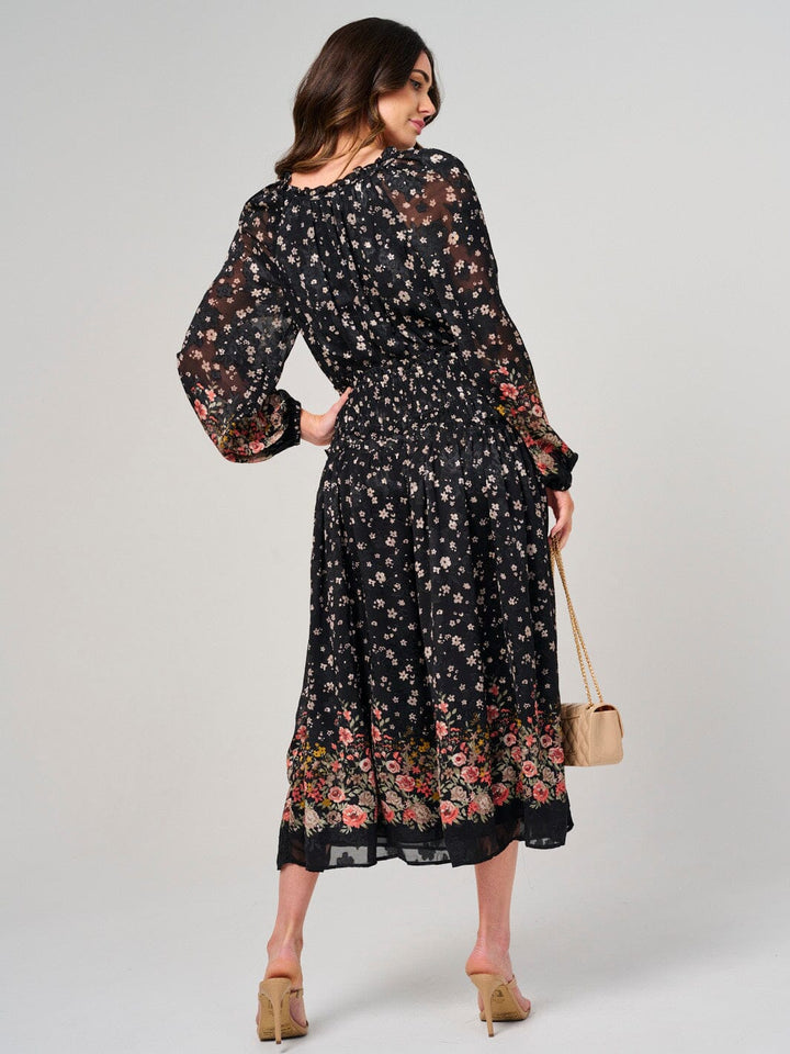WOMEN'S LONG SLEEVE V-NECK ELASTIC WAIST FLORAL MAXI DRESS