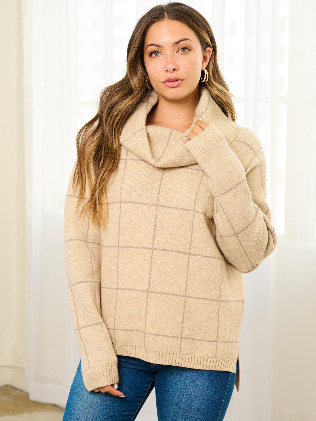 WOMEN'S LONG SLEEVE TURTLE NECK CHECKERS PRINT PULLOVER SWEATER