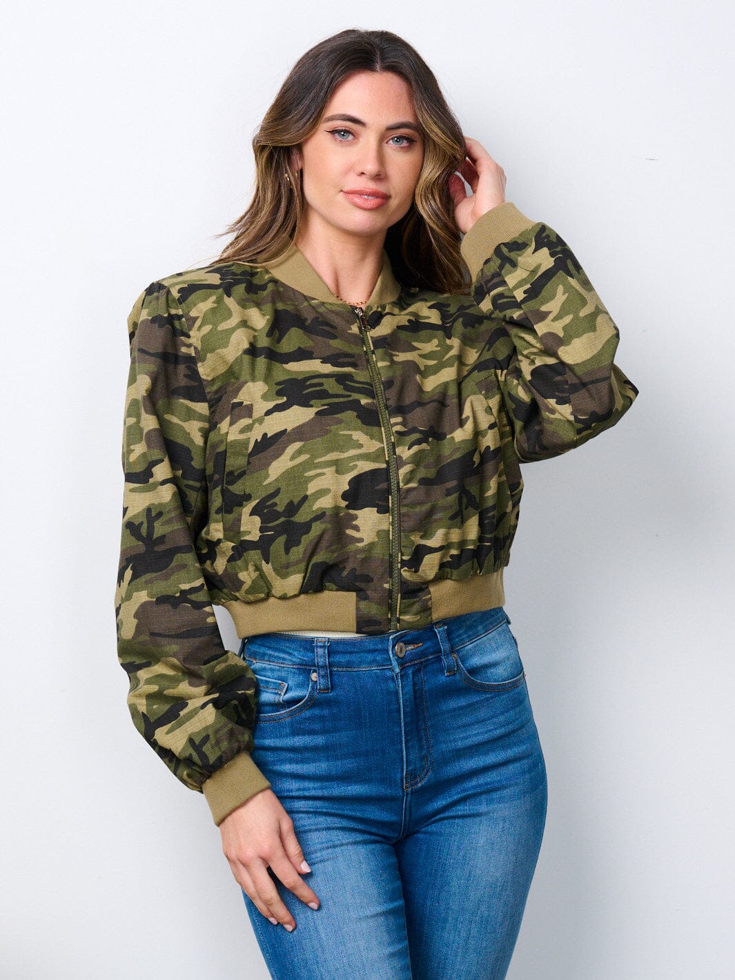 WOMEN'S LONG SLEEVE ZIP UP CAMO PRINT BOMBER JACKET