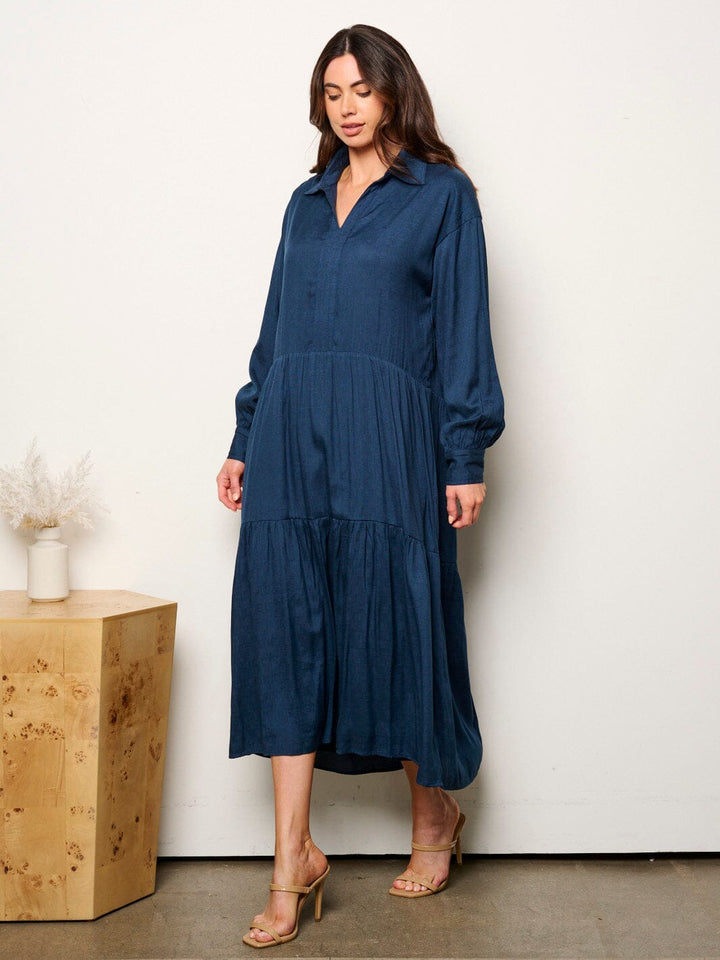 WOMEN'S LONG SLEEVE V-NECK TIERED TUNIC MAXI DRESS