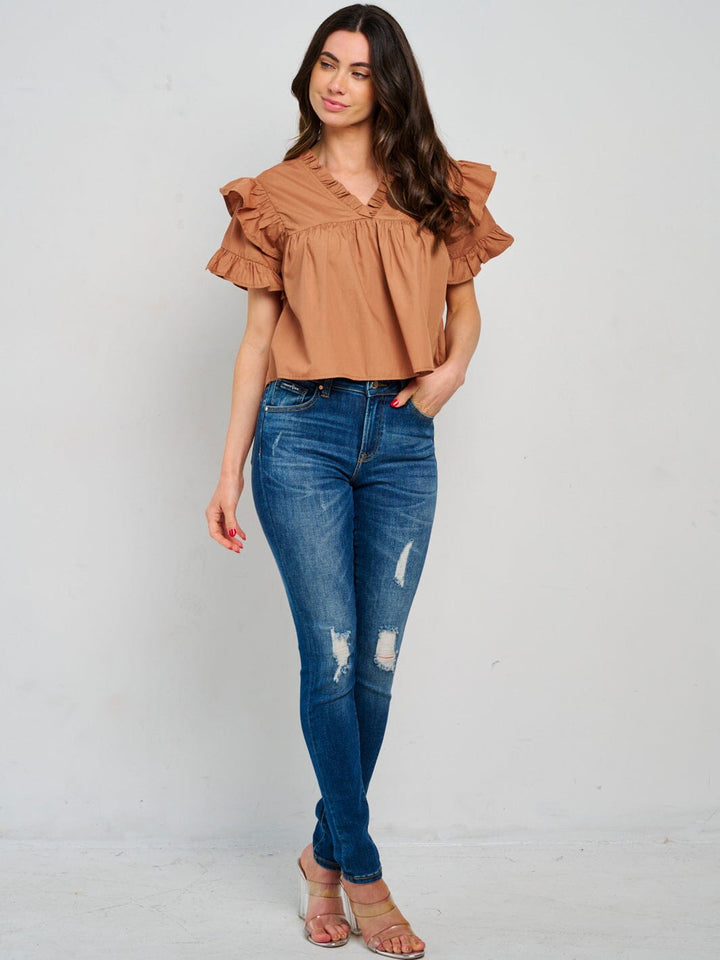 WOMEN'S SHORT RUFFLE SLEEVE V-NECK BLOUSE