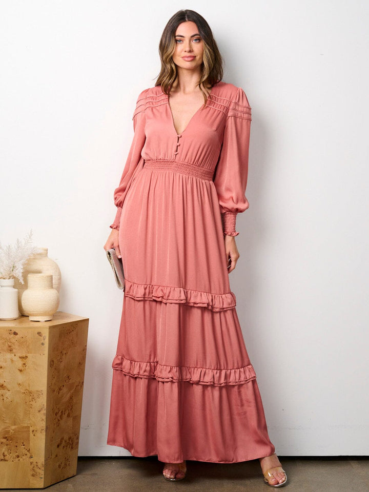 WOMEN'S LONG SLEEVE V-NECK RUFFLE TIERED MAXI DRESS