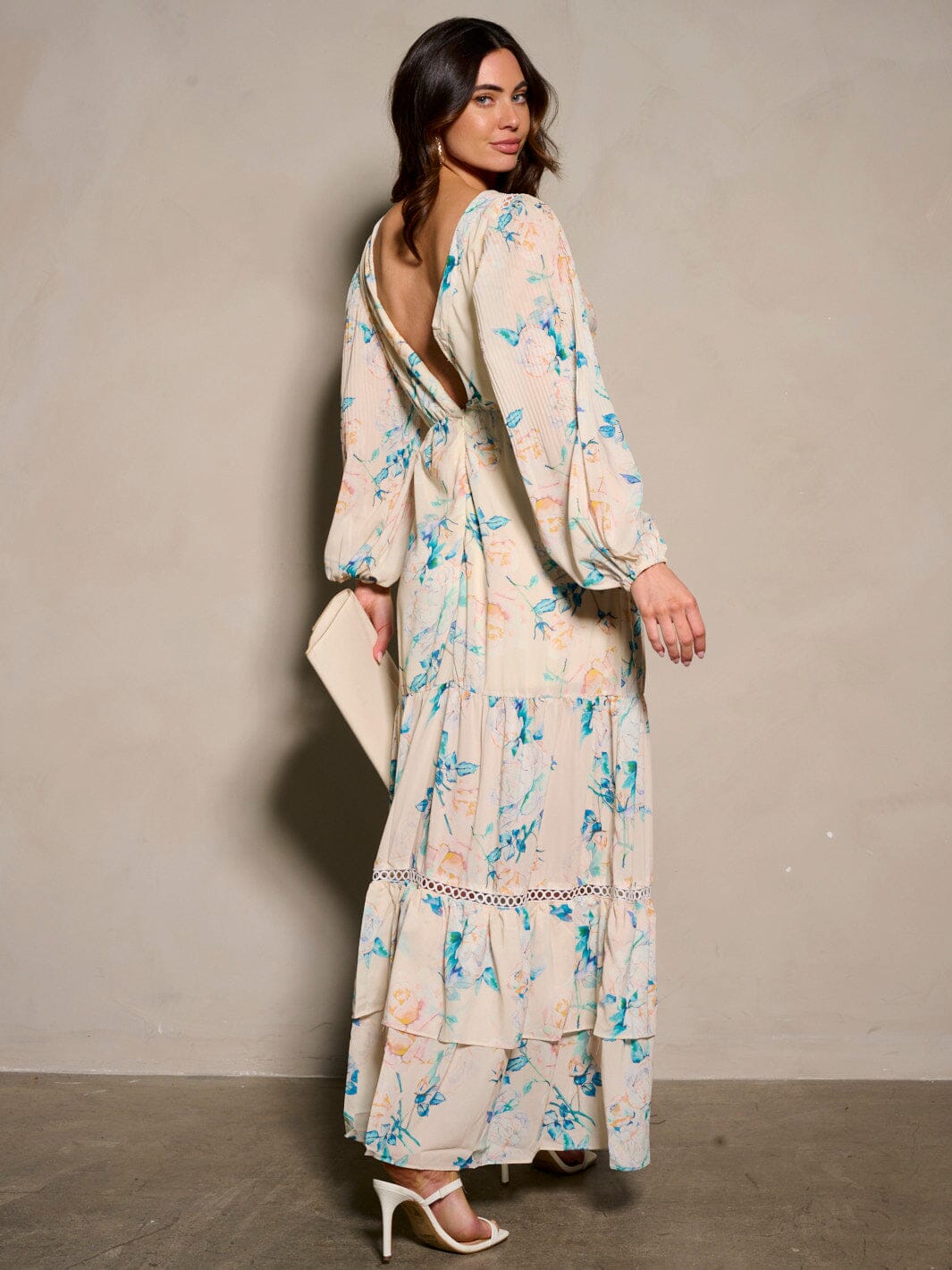 WOMEN'S LONG SLEEVE V-NECK SLIT FLORAL MAXI DRESS