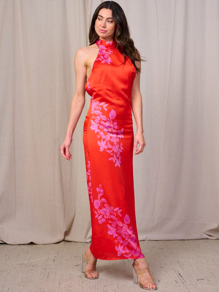 WOMEN'S SLEEVELESS HALTER NECK OPEN BACK FLORAL PRINT BODYCON MAXI DRESS