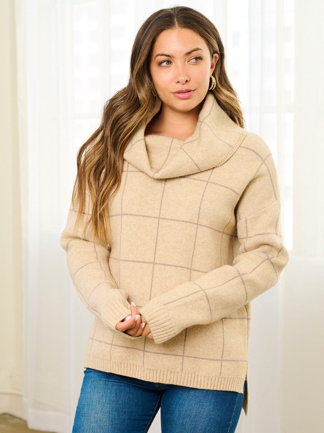 WOMEN'S LONG SLEEVE TURTLE NECK CHECKERS PRINT PULLOVER SWEATER