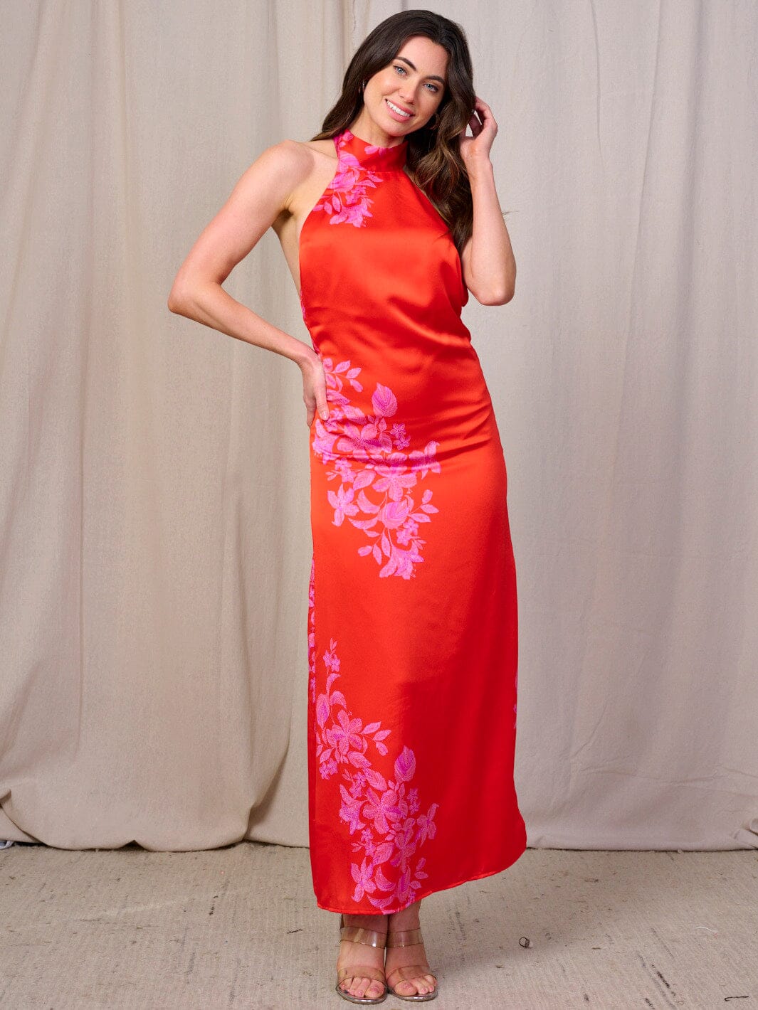 WOMEN'S SLEEVELESS HALTER NECK OPEN BACK FLORAL PRINT BODYCON MAXI DRESS