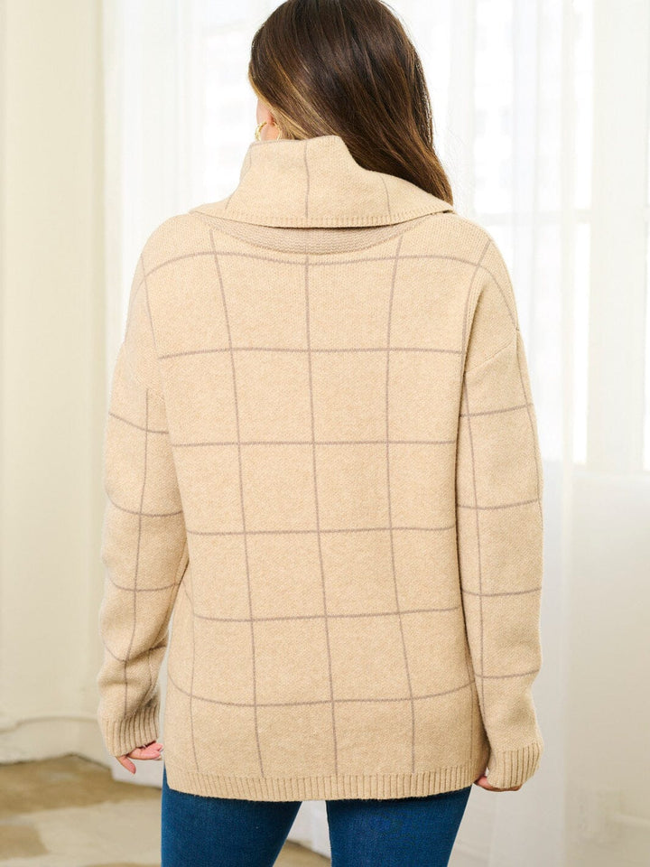 WOMEN'S LONG SLEEVE TURTLE NECK CHECKERS PRINT PULLOVER SWEATER