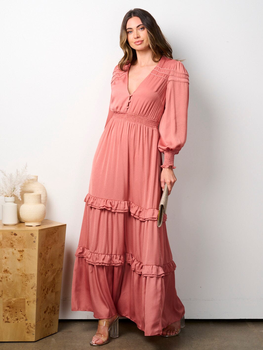 WOMEN'S LONG SLEEVE V-NECK RUFFLE TIERED MAXI DRESS