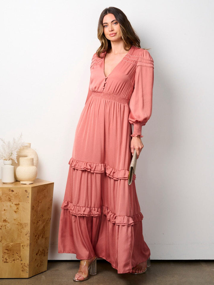 WOMEN'S LONG SLEEVE V-NECK RUFFLE TIERED MAXI DRESS