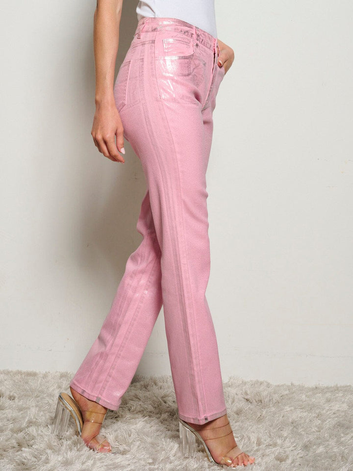 WOMEN'S BUTTON CLOSURE POCKETS SHIMMER WIDE LEG DENIM PANTS